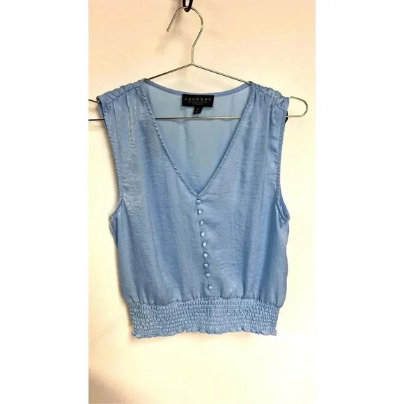 Laundry By Shelli Segal Womens Sky Blue Sleeveless Smocked V-Neck Blouse Medium - Picture 1 of 8